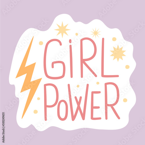 Feminist and body positive vector sticker Girl Power. Female movement cartoon badge with inspirational quote. Women empowerment, self acceptance and gender equality trendy lettering pack