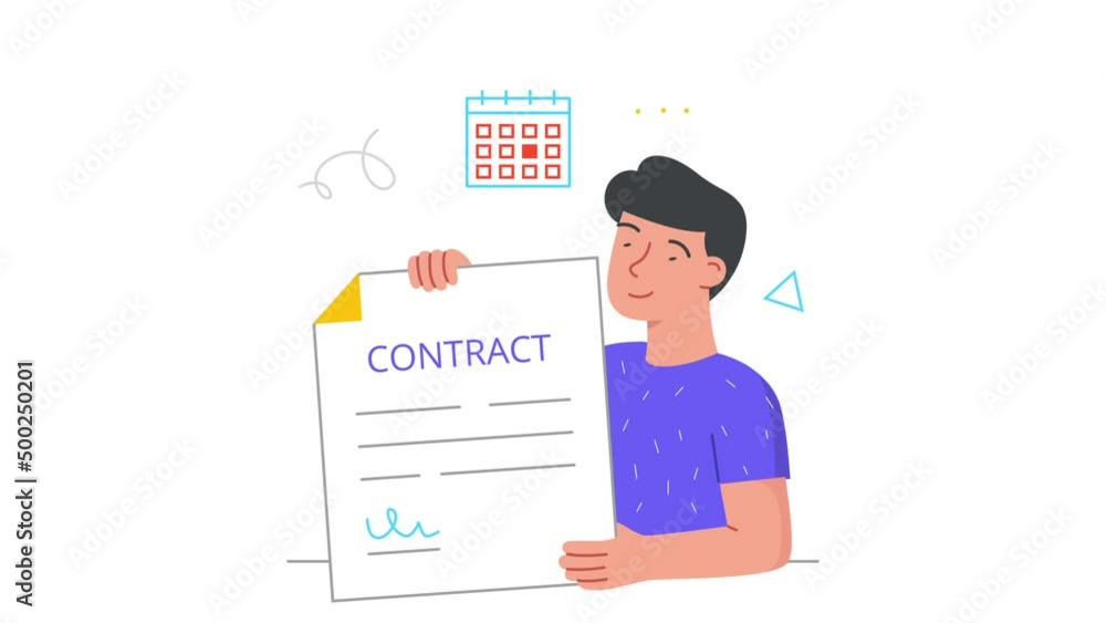 Deal or agreement video concept. Young moving entrepreneur holds signed contract in his hands and shows it. Document of purchase and sale, employment and partnership. Flat graphic animated cartoon Deal or agreement video concept. Young moving entrepreneur holds signed contract in his hands and shows it. Document of purchase and sale, employment and partnership. Flat graphic animated cartoon