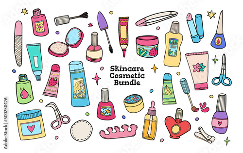 Cute skincare cosmetic makeup icon set bundle isolated on white. Doodle style hand drawn cartoon beauty cosmetic products for face treatment, manicure, pedicure. Natural makeup bottles vector set.