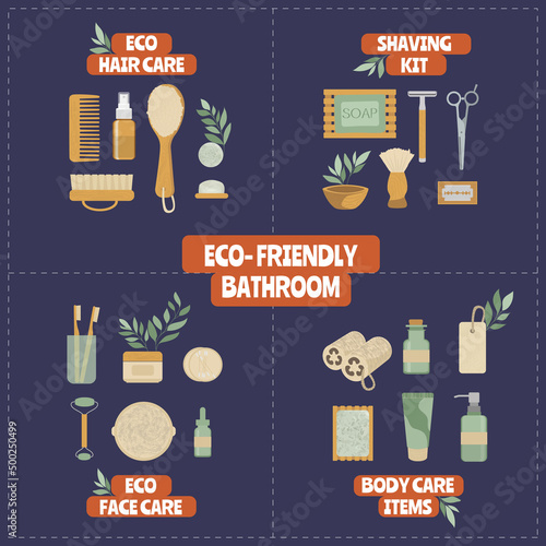 Set of eco-friendly products for the bathroom. Ecology care for hair, face, and body. Eco shaving kit. Healthy lifestyle's concept. Zero waste.