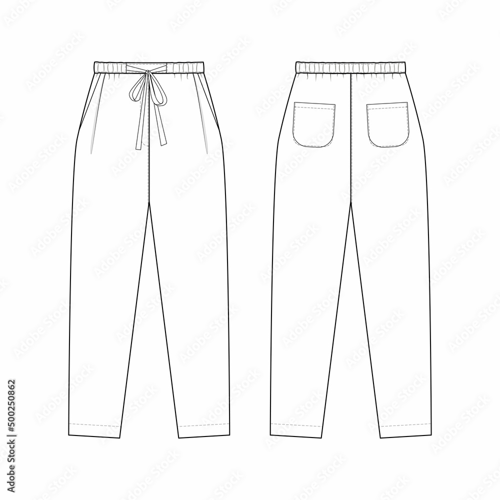 Fashion technical drawing of pajama pants with drawstring waist. Relax ...