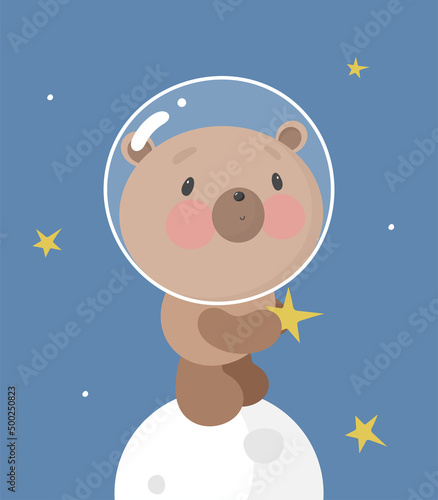 Cute Bear in the space. Cartoon style. Vector illustration. For kids stuff, card, posters, banners, children books, printing on the pack, printing on clothes, fabric, wallpaper, textile or dishes.