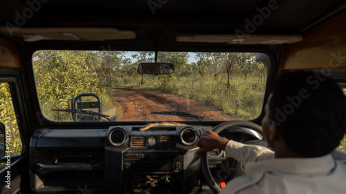 Man driving in Safari Vehicle in Tanzania Africa photo