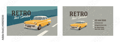 Retro business cards for cab service. Yellow car driving down the road.