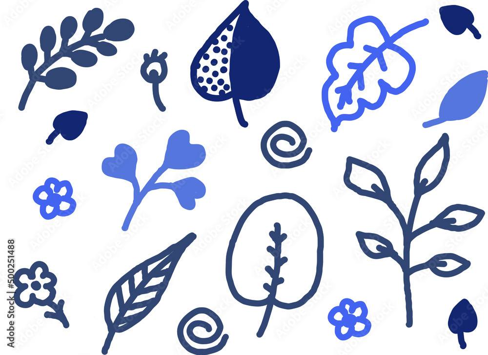 A set of different leaves in shades of blue.  Vector file for designs.