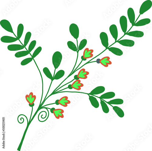 A twig with green leaves and flowers. Vector file for designs.
