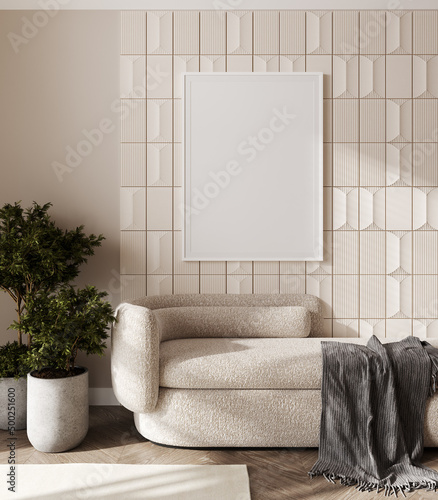 Poster frame mock-up in home interior background, living room in beige and white colors, 3d render