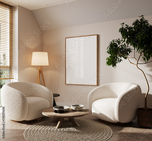 Carta da parati 3D per Soggiorno - Carta da parati Poster frame mock-up in home interior background, living room in beige colors,3d render