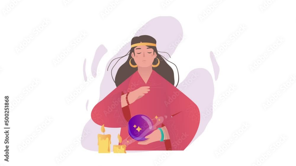 Predicting future video concept. Beautiful Moving female fortune teller with magic sphere and lighted candles tells about fate and future. Magic, mysticism or occult. Graphic flat animated cartoon Predicting future video concept. Beautiful Moving female fortune teller with magic sphere and lighted candles tells about fate and future. Magic, mysticism or occult. Graphic flat animated cartoon
