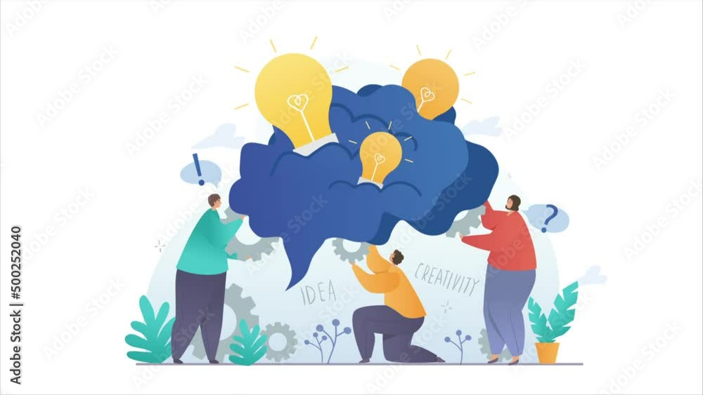 Creative idea video concept. Moving group of employees inserts elements into brain and generates innovative solutions to problems. Brainstorming for strategy development. Flat graphic animated cartoon Creative idea video concept. Moving group of employees inserts elements into brain and generates innovative solutions to problems. Brainstorming for strategy development. Flat graphic animated cartoon