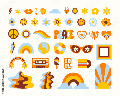 Hippie retro set icons in style 60s 70s. Trendy vector illustration.