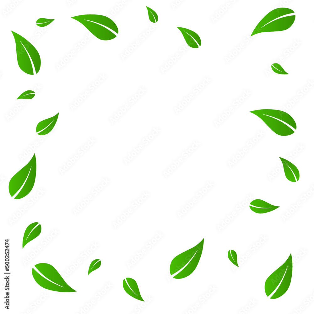 Falling green leaves. Fresh tea neat leaves flying. Spring foliage dancing on blue sky background. Adorable summer overlay template. Trending spring sale vector illustration.