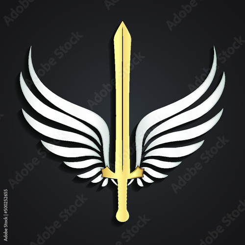 3d gold sword with silver wings symbol