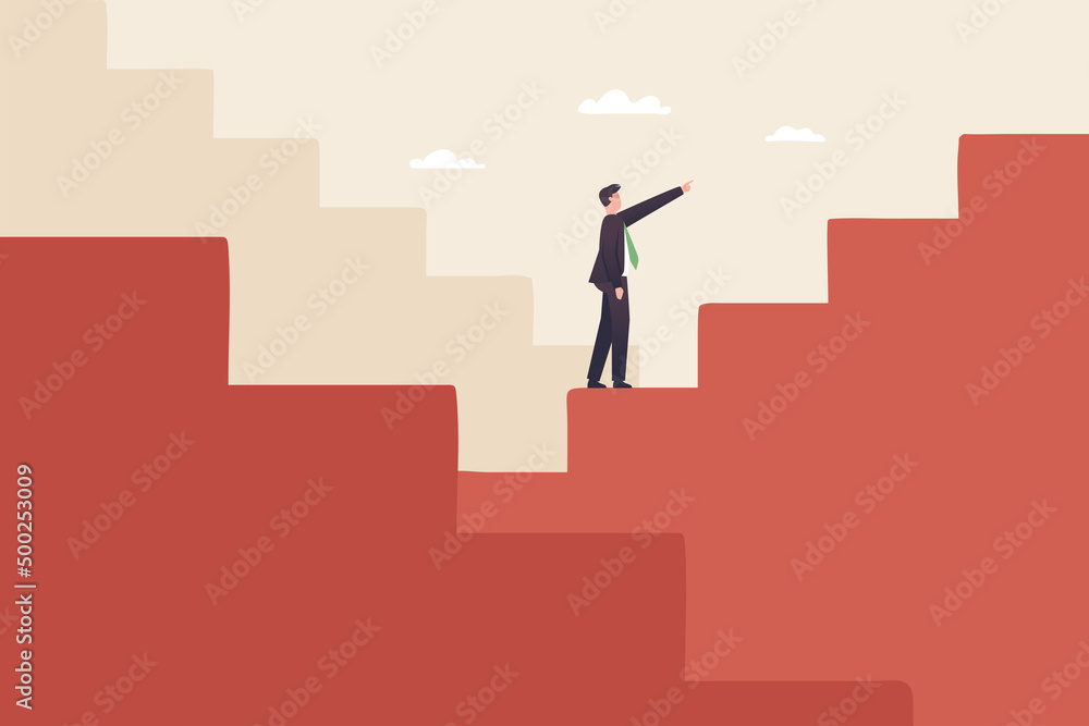The challenges of growing a business. Difficulty getting to the top of career. A businessman is going up the stairs trying to reach the top.