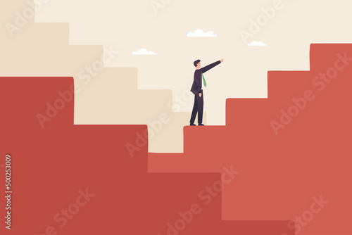 The challenges of growing a business. Difficulty getting to the top of career. A businessman is going up the stairs trying to reach the top.
