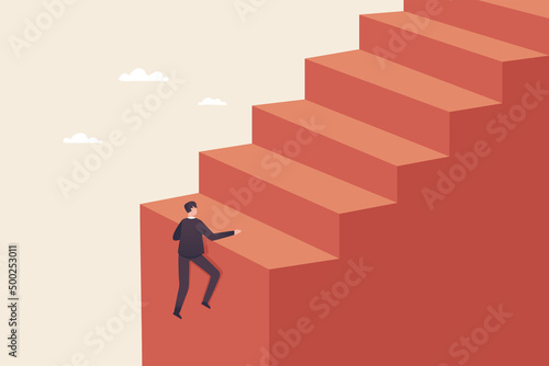 The challenges of growing a business. Difficulty getting to the top of career. A businessman is going up the stairs trying to reach the top.