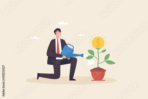 Stages of Growing Money. Beginning, Challenges, Strategies, Financial or investment growth. Businessman watering money plants.