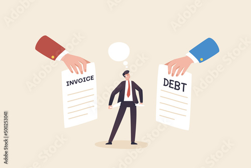 Invoice, payment receipt or monthly installments. Tax invoices or expenses that are due to be paid. A businessman or young man receives a large amount of invoices.