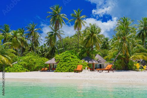 Fototapeta Naklejka Na Ścianę i Meble -   coco palms on tropical paradise beach with turquoise blue water and blue sky