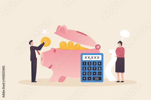 Calculate the deposit amount. Deposit interest rates..Tax Payment, Woman and man with Huge Calculator, Dollar Coins, Piggy Bank. Finance Budget Planning and Accounting Concept.