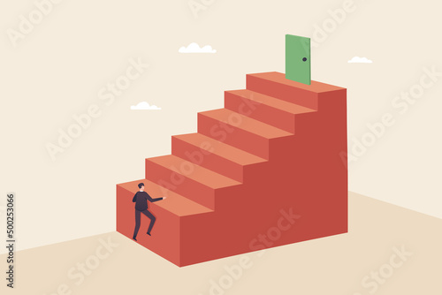 Beginning a new challenge, success doesn't come easy. Efforts will lead to success. .Businessman climbing a big red ladder.