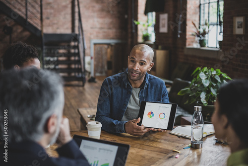 African American businessman presenting ideas to clients in a business meeting photo