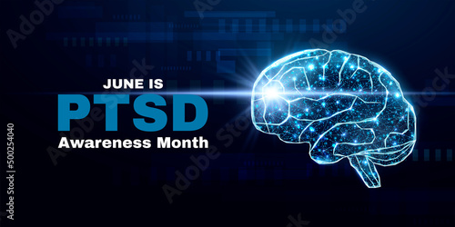 Post-Traumatic Stress Disorder Awareness Month concept. PTSD banner template with glowing low poly. Futuristic modern abstract. Isolated on dark background. Vector illustration