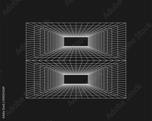 Cyber grid, retro punk perspective rectangular tunnel. Grid tunnel geometry on black background. Vector illustration
