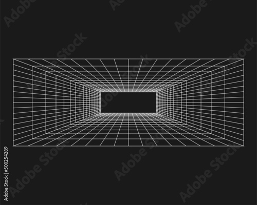 Cyber grid, retro punk perspective rectangular tunnel. Grid tunnel geometry on black background. Vector illustration
