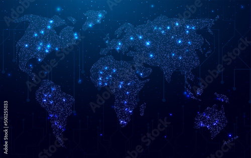 Wireframe polygonal shield with globe map. Cyber security, world protection concept with glowing low poly guard. Futuristic modern abstract background. Vector illustration
