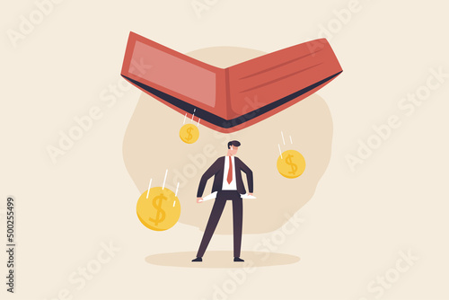 Young man without money. Financial crisis, bankruptcy, economic problems or unemployment. Businessman holding empty walletsno money.