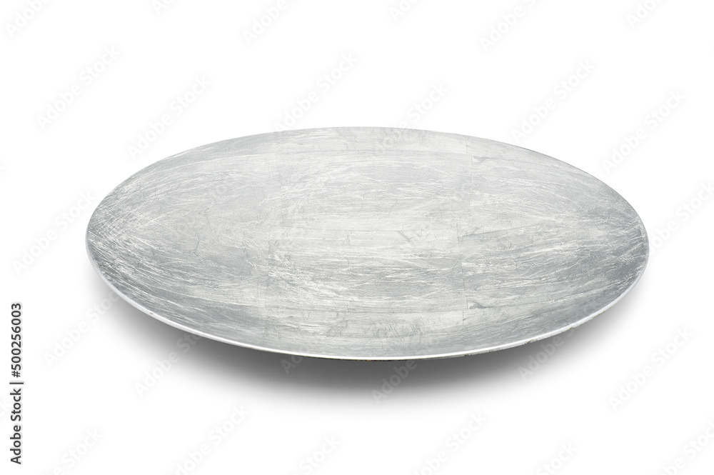 Simple silver round dinner plate, isolated Simple silver round dinner plate, isolated