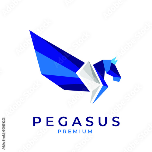 Geometric blue pegasus legend horse illustration logo