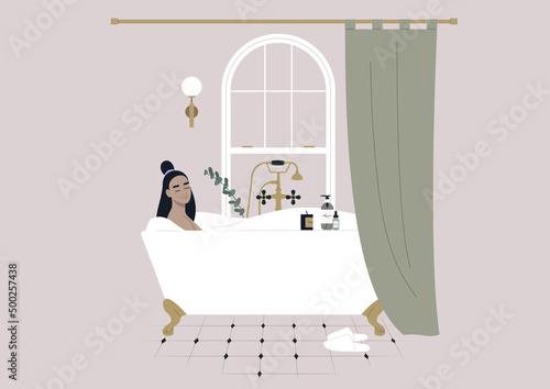 A young female Asian character taking a relaxing bath with soap foam, a claw foot vintage tub behind the curtain