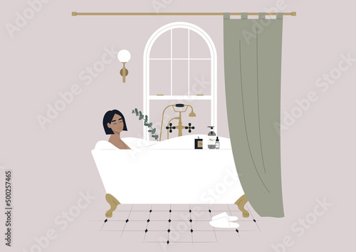 A young female Caucasian character taking a relaxing bath with soap foam, a claw foot vintage tub behind the curtain