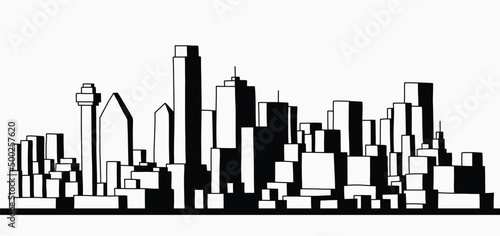Modern cityscape skyline outline doodle drawing on white background.