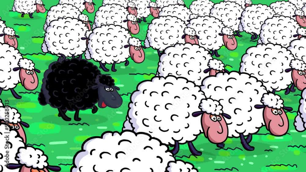 One black sheep among white sheep. Cartoon animation illustrating a difference that may cause hate. Metaphor of a society behaviours. Good and bad. Useful for films, science materials, etc... One black sheep among white sheep. Cartoon animation illustrating a difference that may cause hate. Metaphor of a society behaviours. Good and bad. Useful for films, science materials, etc...