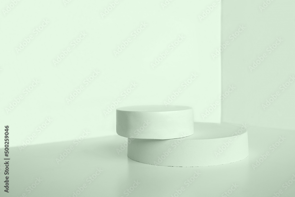 Podium for cosmetic product presentation. Abstract minimal geometrical form. Cylinder stone sphere one form, shadow. Scene to show products. Showcase, display. Trendy sunlight. Front view. 3D Podium for cosmetic product presentation. Abstract minimal geometrical form. Cylinder stone sphere one form, shadow. Scene to show products. Showcase, display. Trendy sunlight. Front view. 3D