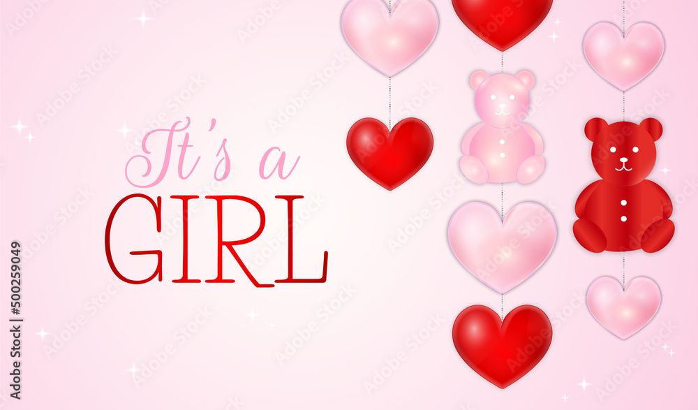 It's a Girl Baby Shower Illustration Design with Cute Red and Pink Heart and Bear Ornaments