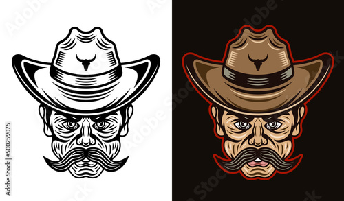 Cowboy man head with mustache in hat in two styles black on white and colored on dark background vector illustration