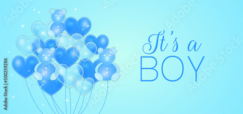 It's a Boy Baby Shower Illustration Design with Blue Balloons in Heart and Bear Shape