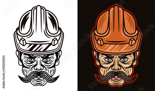 Worker man in hard hat vector illustration in two styles black on white and colorful on dark background