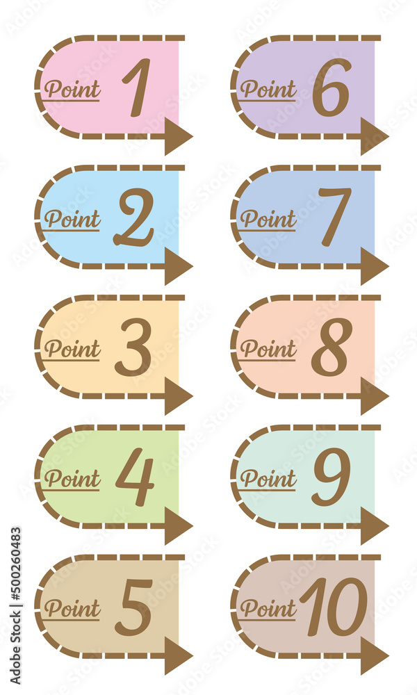 矢印をあしらった数字アイコンセット 1〜10 POINT(ブラウン&パステルカラー) 矢印をあしらった数字アイコンセット 1〜10 POINT(ブラウン&パステルカラー)