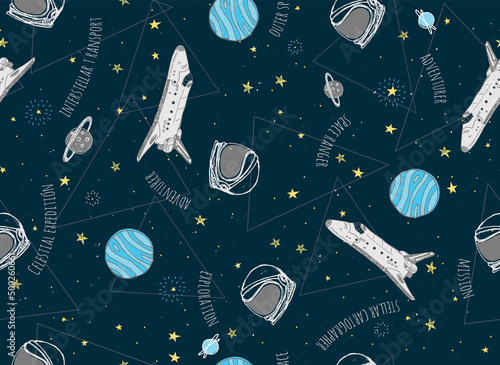 A hand-drawn pattern featuring interstellar graphics, imagery, and sayings. This vector pattern repeats seamlessly and would be perfect for a space themed background or surface design.