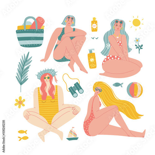 Summer collection with girls in swimsuits on the beach. Vector flat hand drawn illustration of resting women and vacation objects with summer holidays by the sea. Creator scene collection.