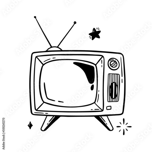 Retro TV hand-drawn line Vector illustration in the style of a doodle isolated on a white background