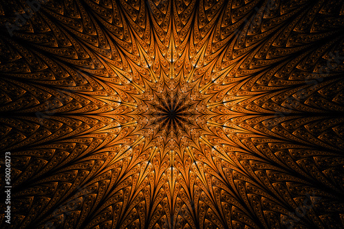 Computer generated abstract illustration golden star layer wall background  Kaleidoscope design background  Concept Unique Mandala Kaleidoscopic creative inimitable graphic design