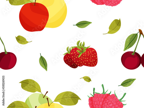 Fototapeta Naklejka Na Ścianę i Meble -  Vector seamless pattern with summer fruits and berries.