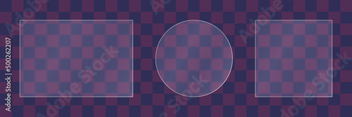 Matte glass plates set on transparent background. Frosted acrylic or plexiglass plates in rectangle, square and circle shape. Realistic glassmorphism or glass morphism effect. Vector illustration.
