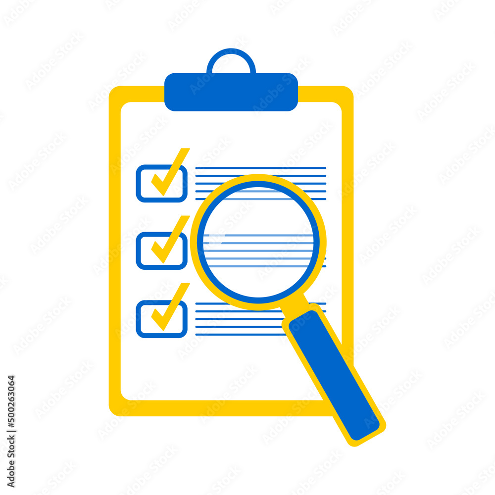 Magnifying glass and checklist in blue and yellow. Information search icon isolated on white background. Magnifying glass and checklist in blue and yellow. Information search icon isolated on white background.